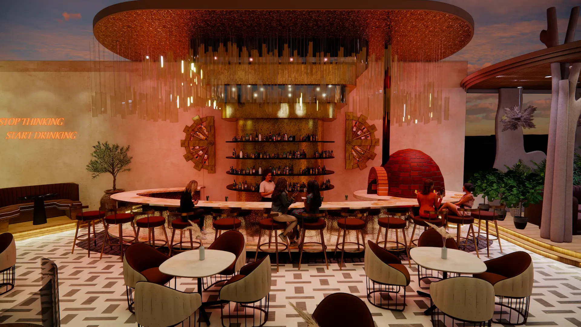 Curved gold bar — Delulu Club, Greater Noida