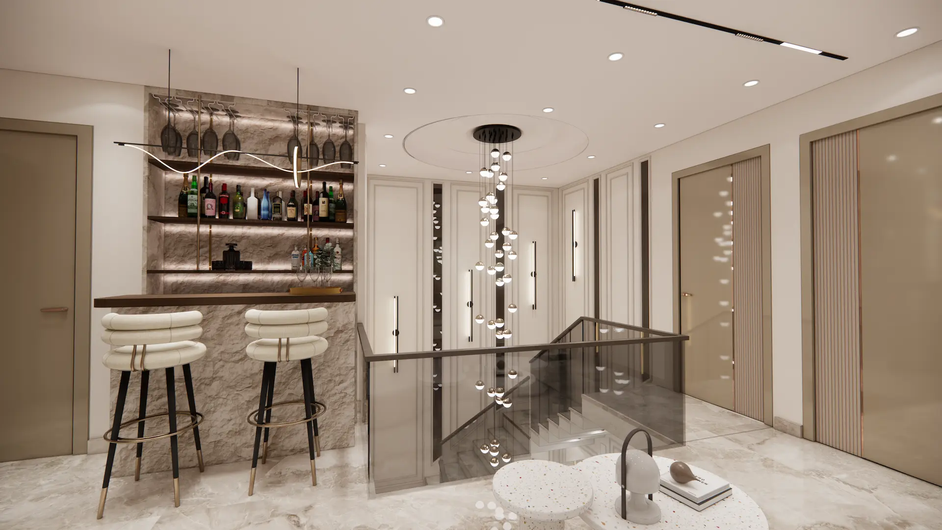 Bar and staircase landing — Vasundhra Residence, Vasundhra