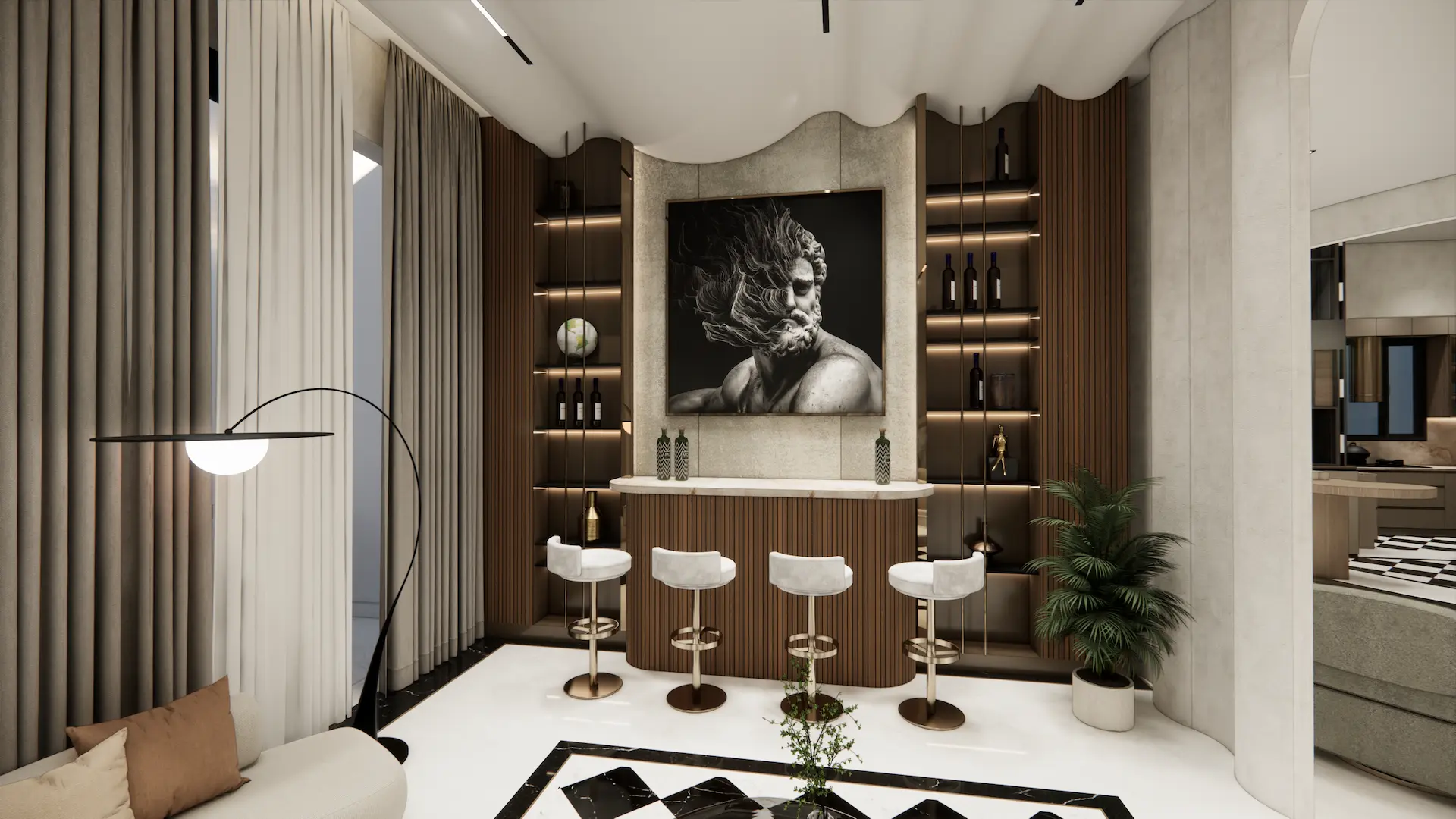 Bar lounge with Zeus portrait and walnut shelving — Saya Gold Avenue, Ghaziabad