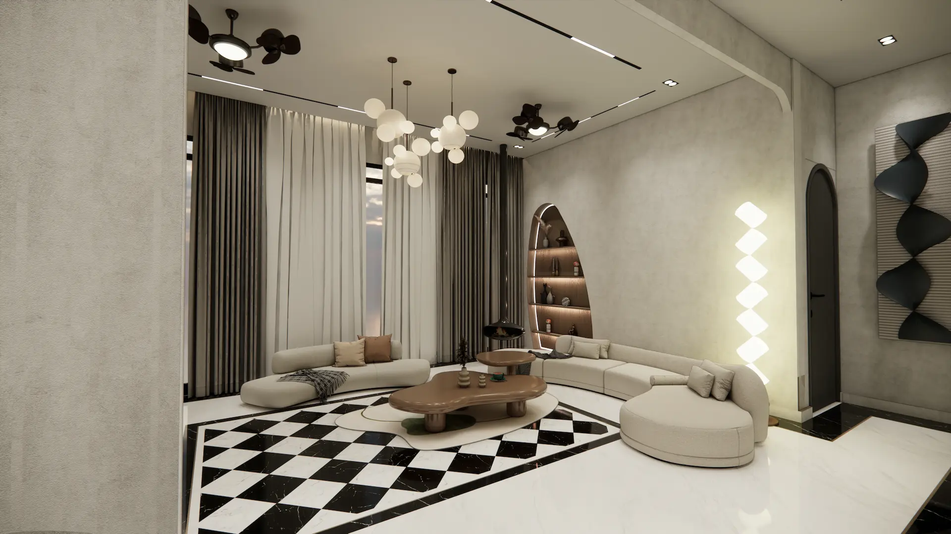 Living room with curved sofa and globe chandelier — Saya Gold Avenue, Ghaziabad