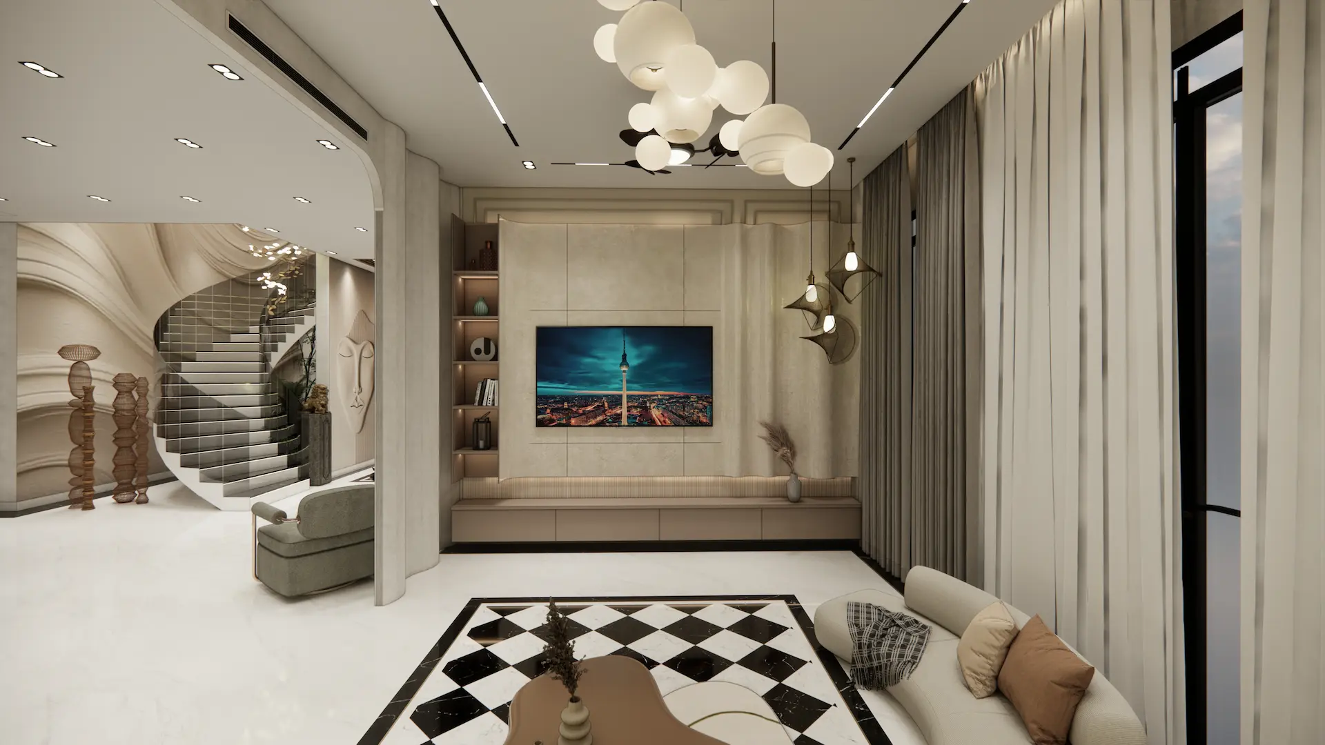 Living room with TV unit and staircase — Saya Gold Avenue, Ghaziabad
