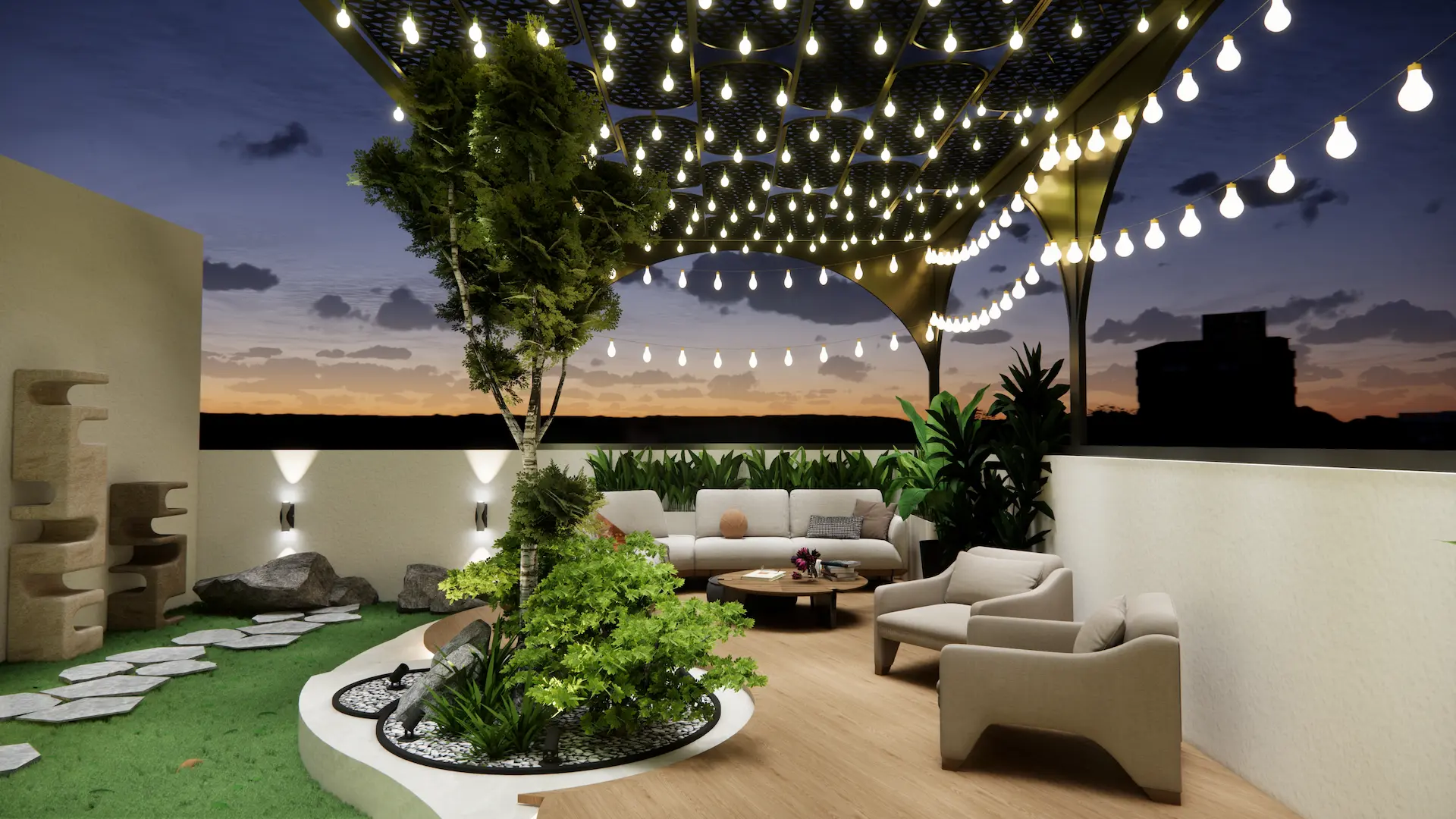 Rooftop porch with string lights at dusk — Saya Gold Avenue, Indrapuram