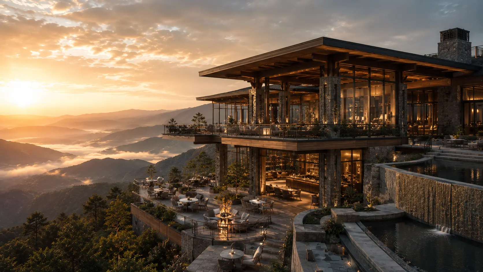 Cliff-edge dining terrace concept above the clouds — Mukteshwar resort