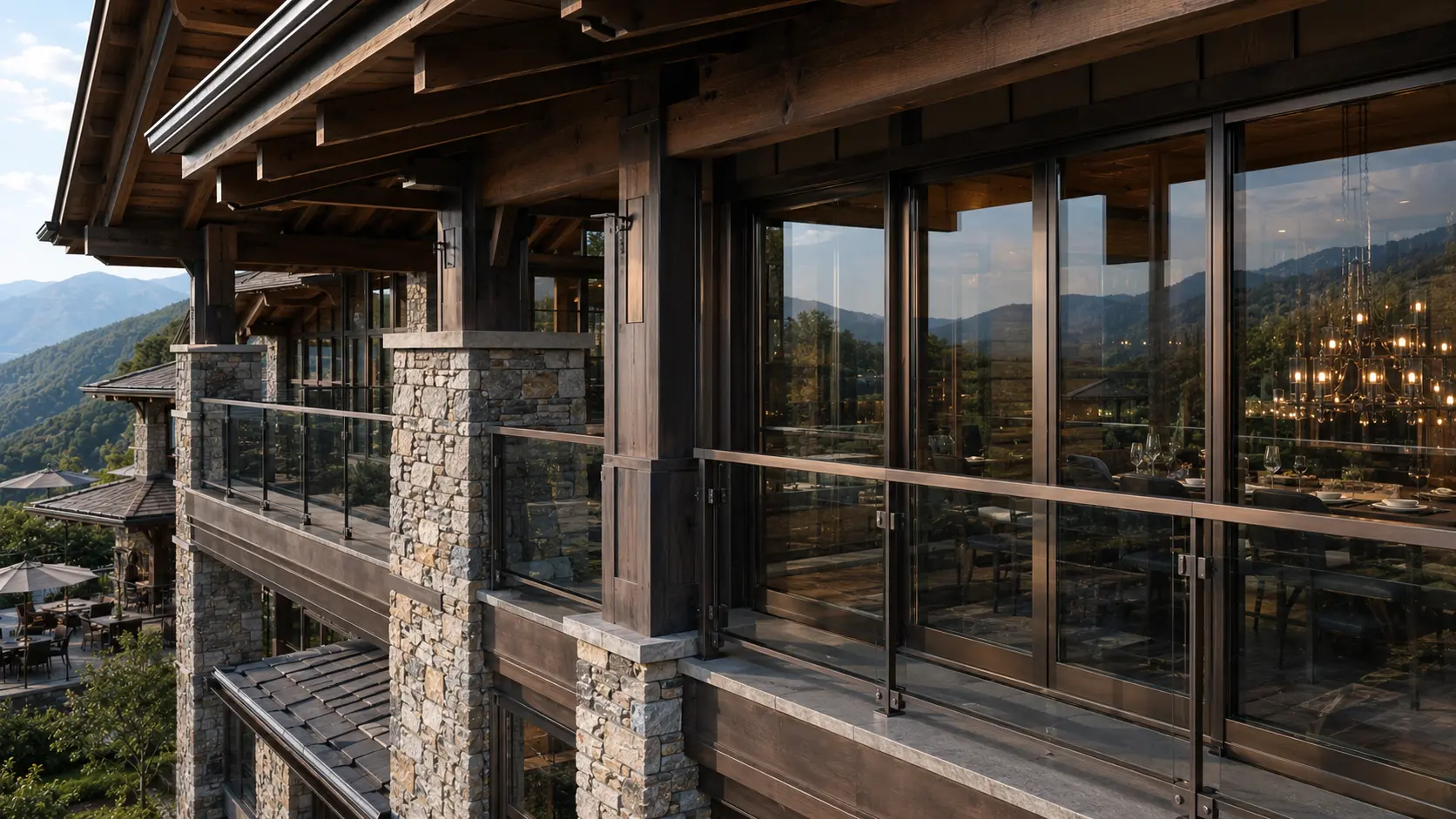 Stone and timber facade material detail — Mukteshwar hill resort concept