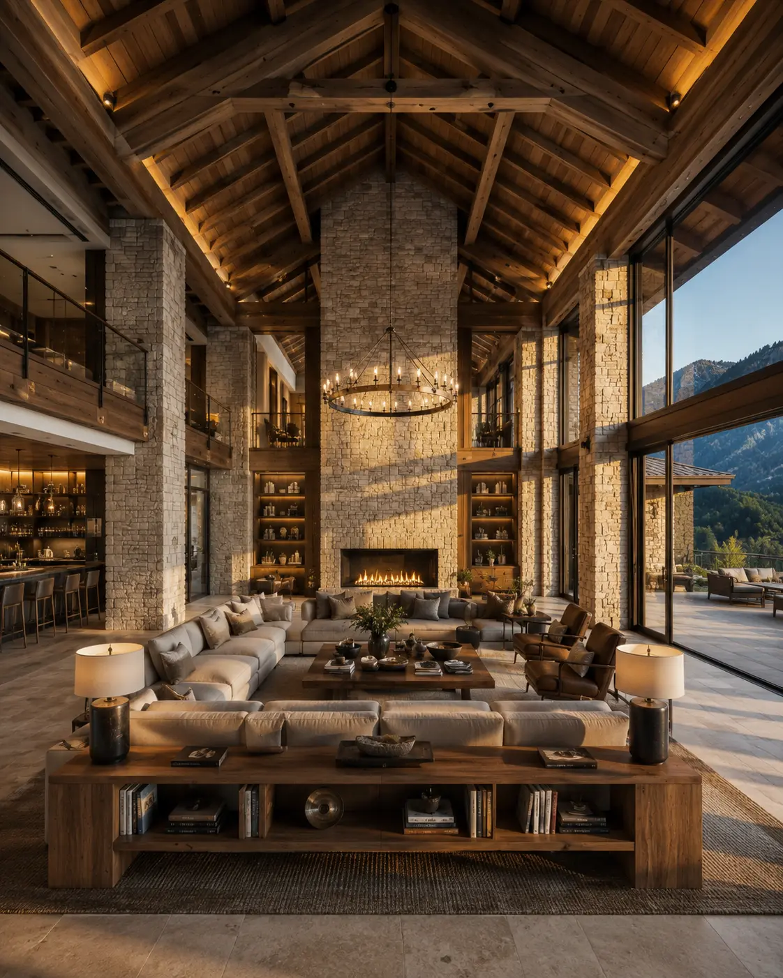 Resort clubhouse lounge concept with stone fireplace — Mukteshwar