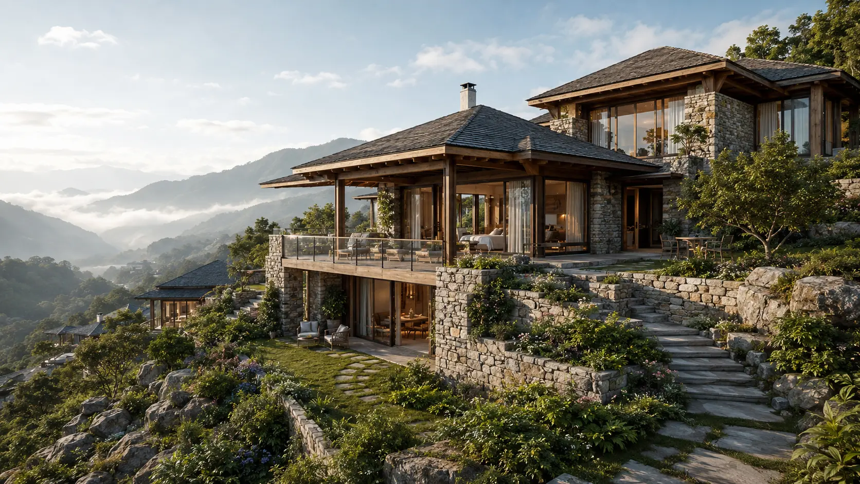 Terraced hillside villa concept overlooking the valley — Mukteshwar