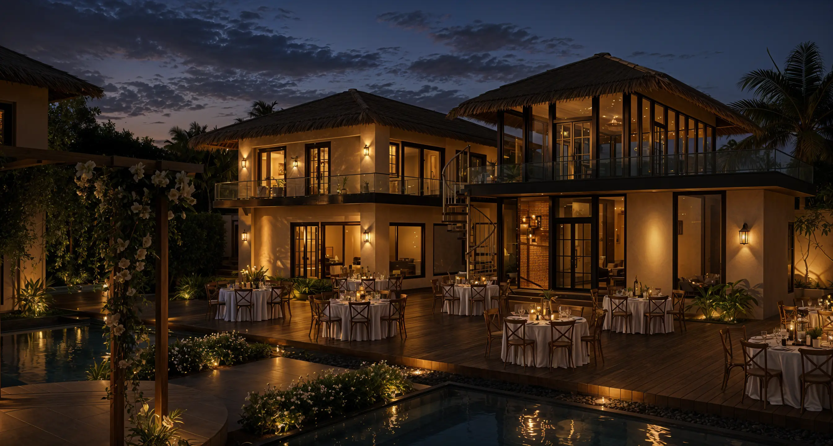 Glass reception pavilion and pool concept at night — Namah Stay Agra