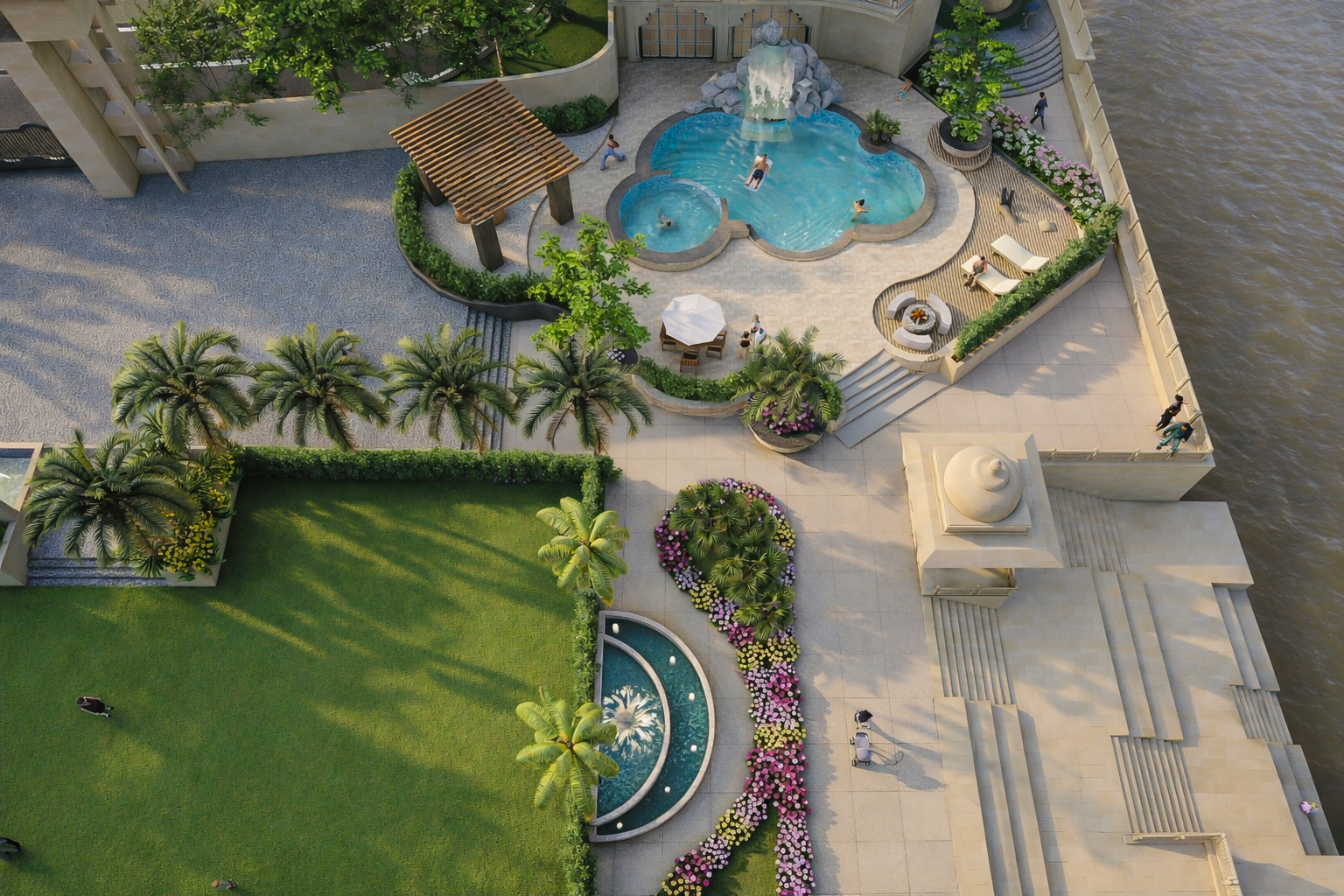 Aerial view of pool and landscaped gardens
