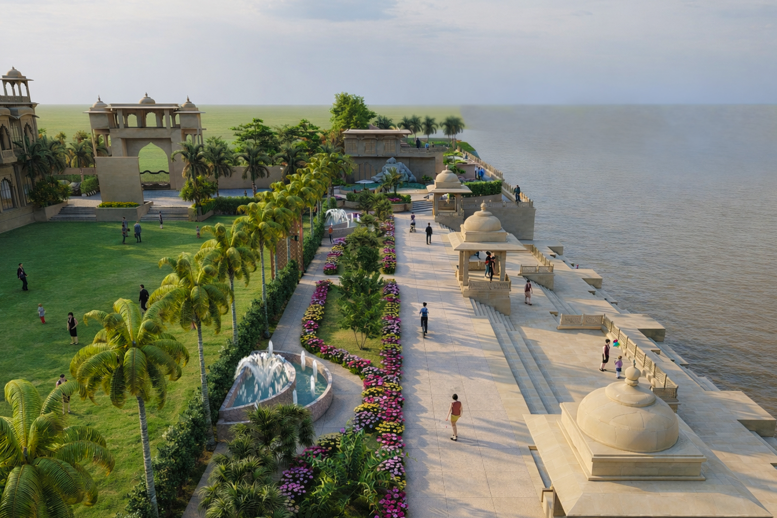 River promenade, fountains and gardens — Sangam Pooja Wellness Resort