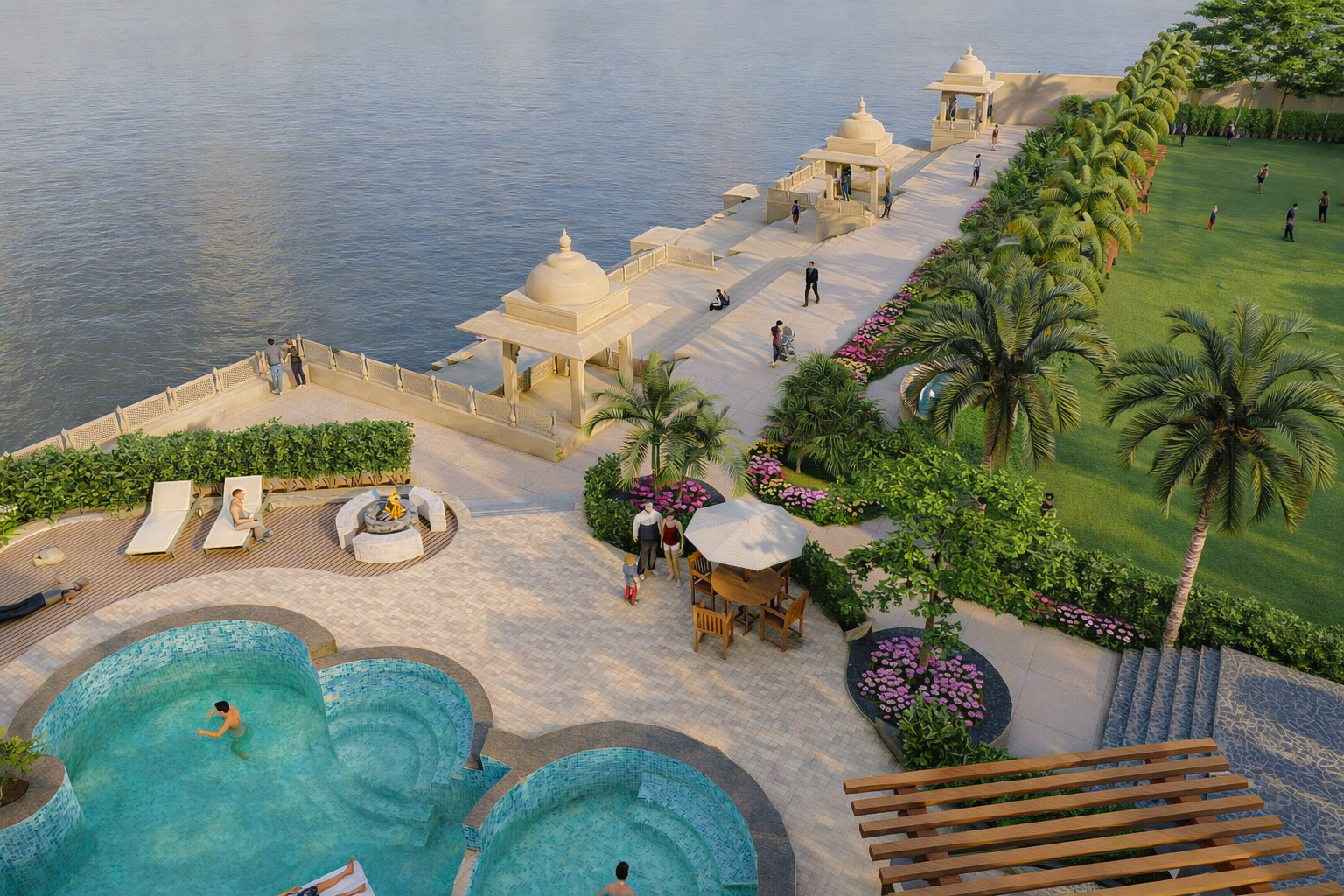 Poolside wellness area and riverfront promenade