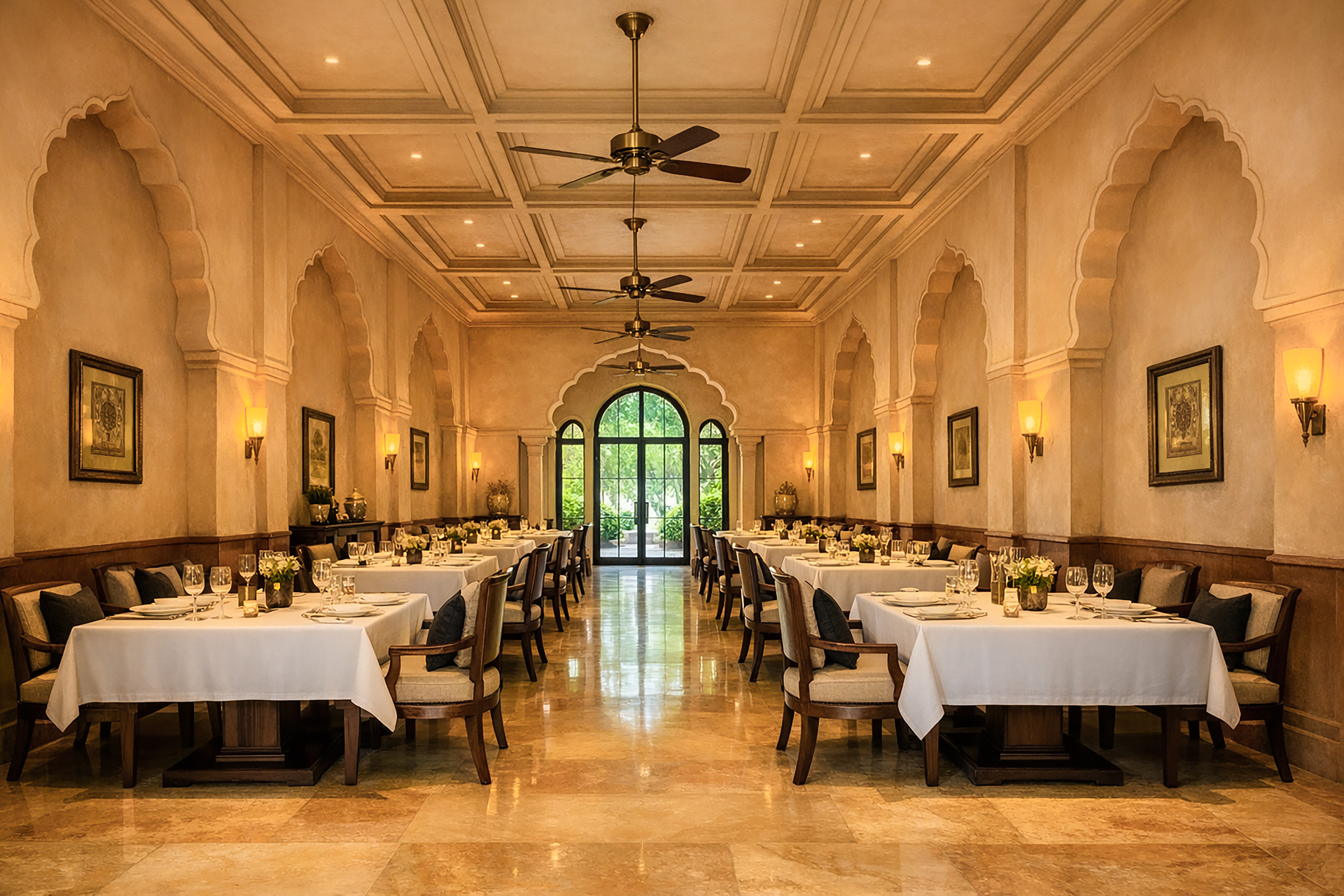 Fine dining restaurant with Mughal-arched ceiling and white-linen service — Sangam Pooja Wellness Resort