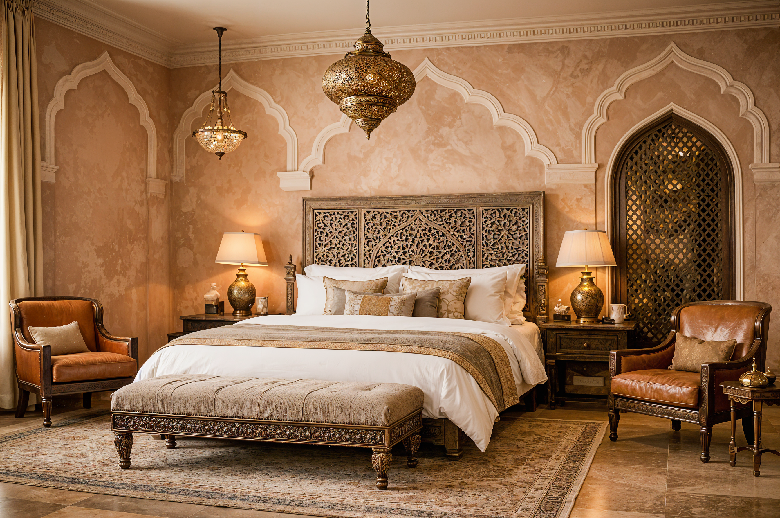Heritage bedroom with jali carved headboard and Moroccan lantern — Sangam Pooja Wellness Resort