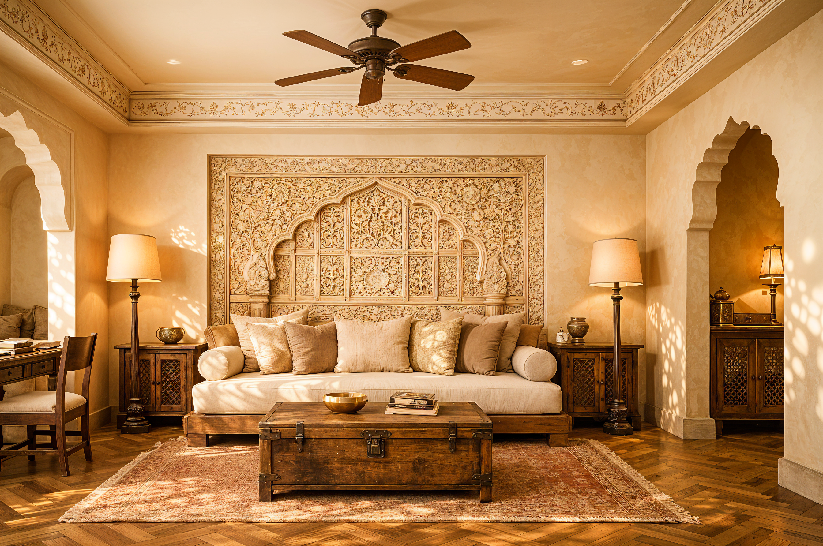 Luxury suite sitting room with hand-carved jali wood panel wall and herringbone parquet floor — Sangam Pooja Wellness Resort