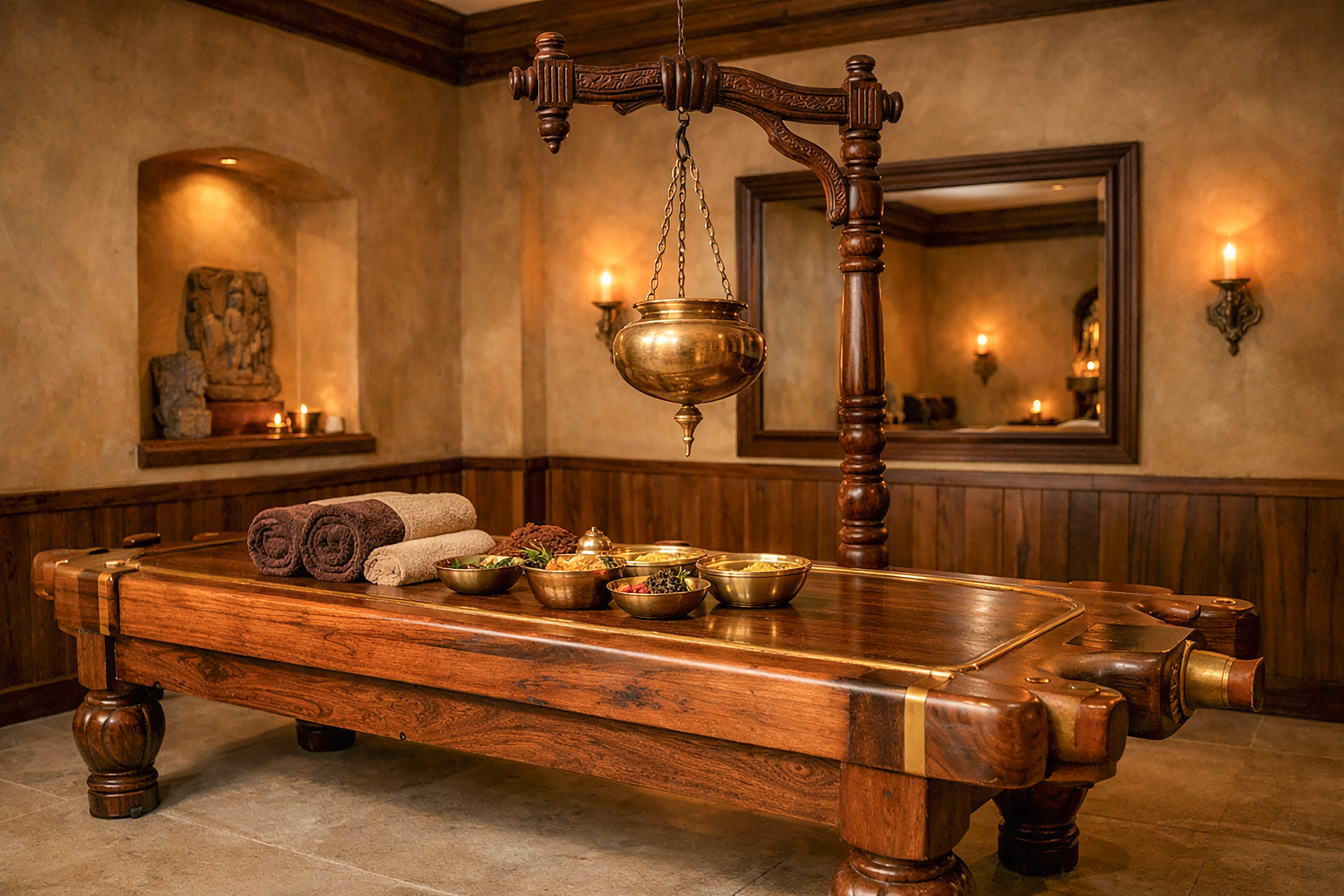 Ayurvedic wellness spa treatment room with traditional Shirodhara table and brass vessels — Sangam Pooja Wellness Resort