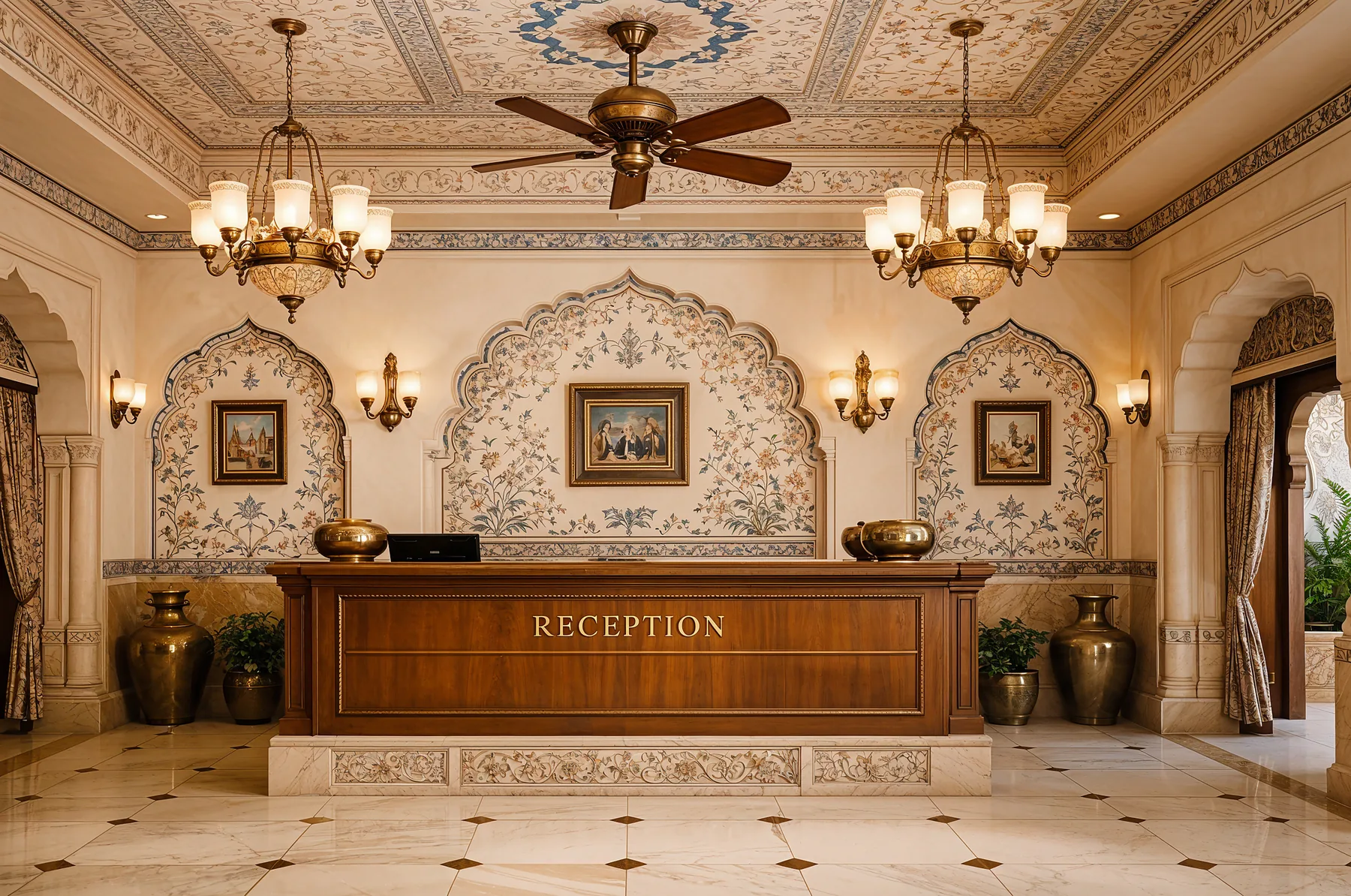Heritage reception interior with hand-painted murals — Sangam Pooja, Prayagraj