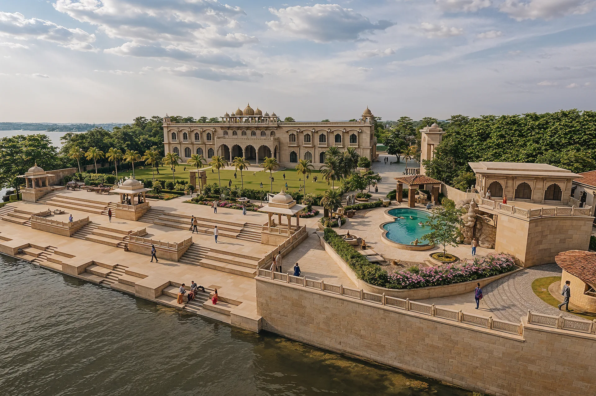 Aerial view of resort complex with Ganga ghats