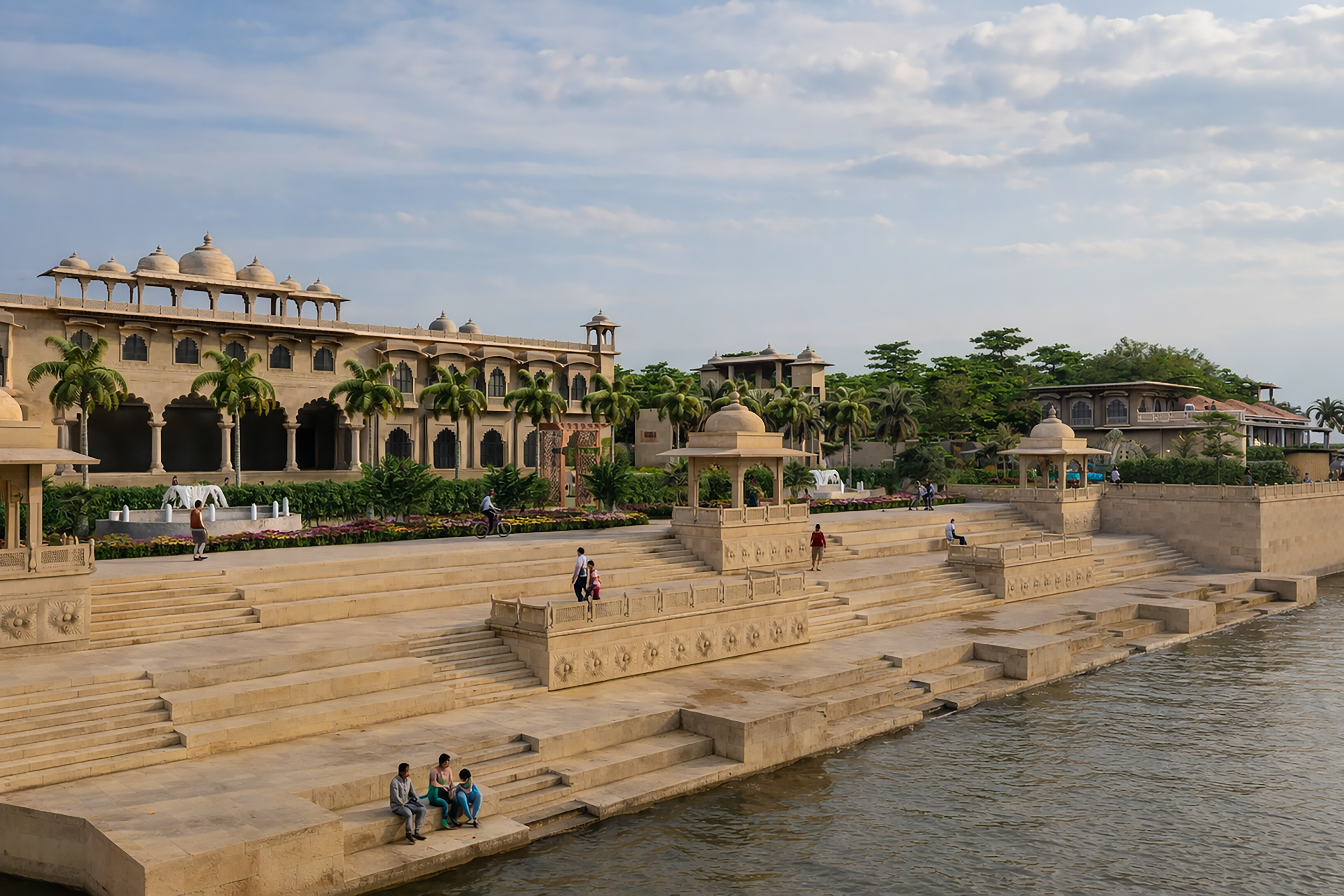 Ghat promenade and main palace — Sangam Pooja Wellness Resort