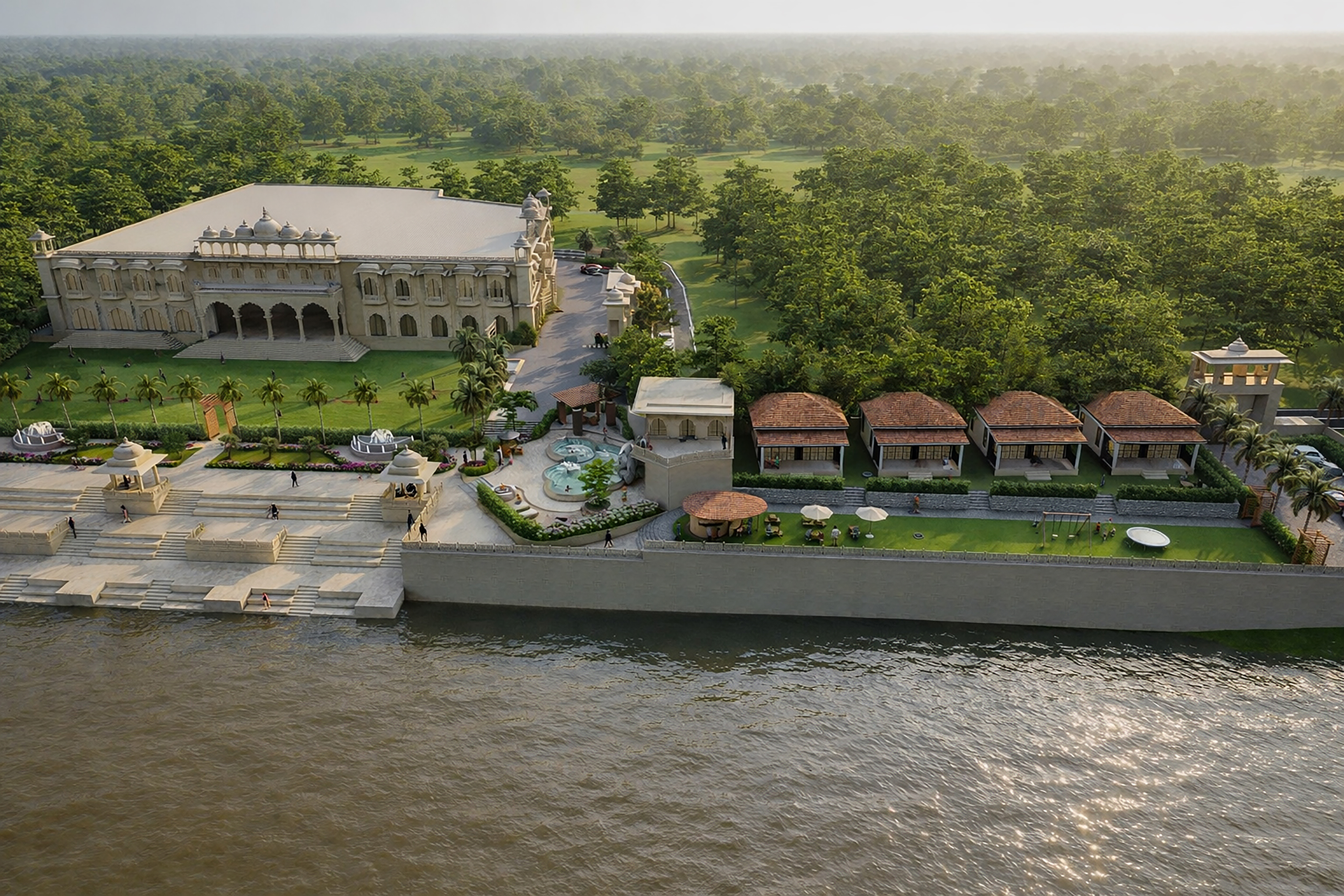 Full aerial site view from the Ganga — Sangam Pooja Wellness Resort