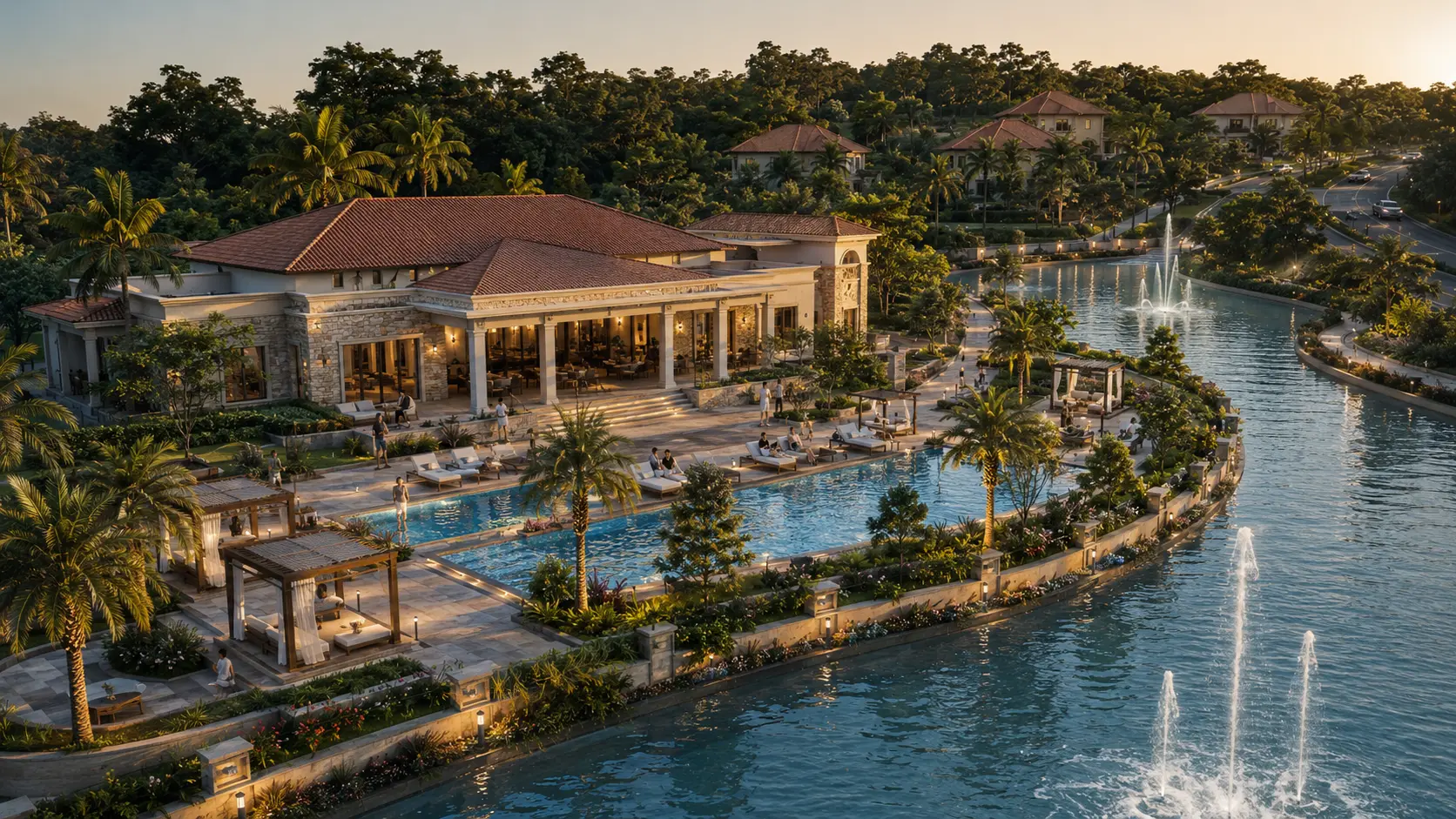 Resort-style clubhouse and lakefront pool concept — New Chandigarh villa township